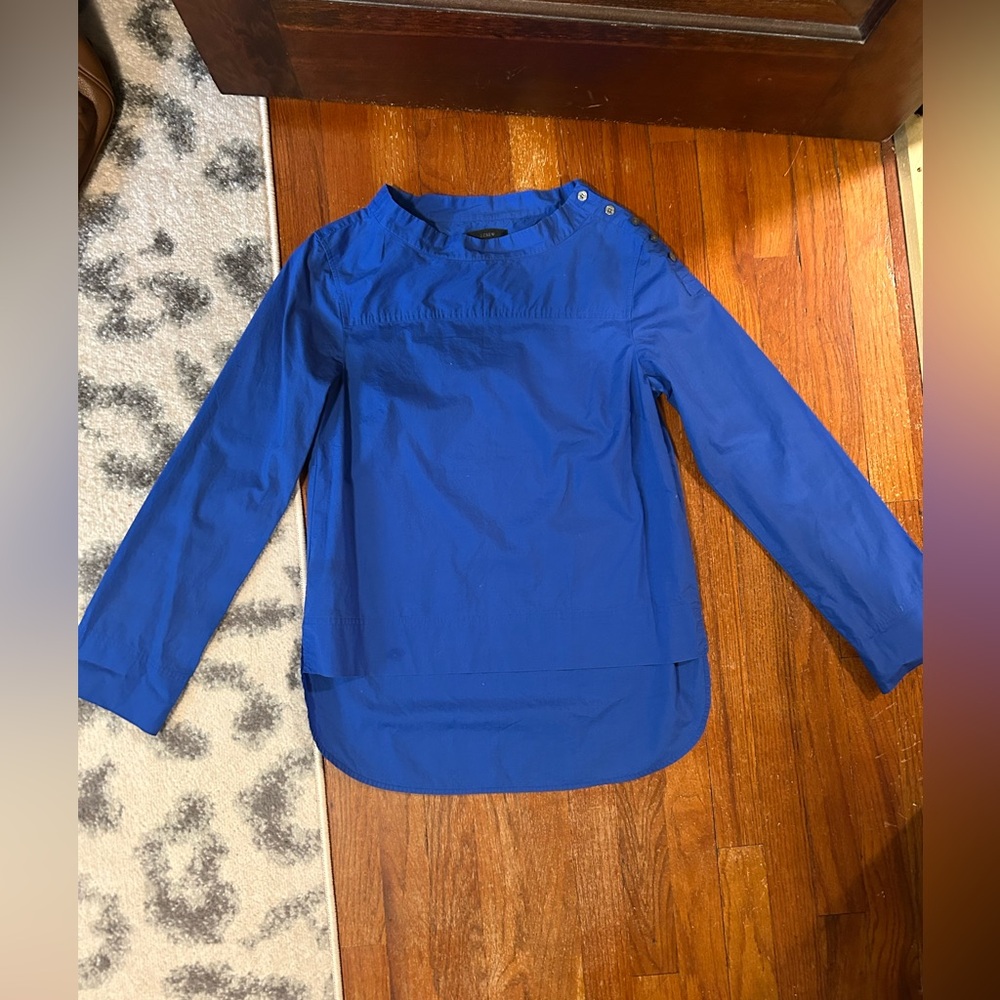 J. Crew Funnel Neck Brilliant Blue Blouse, Hi-Lo Hem with Button Accents